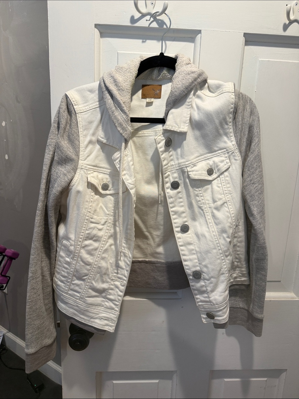 American Eagle Outfitters White & Light Gray Hooded Jean Jacket